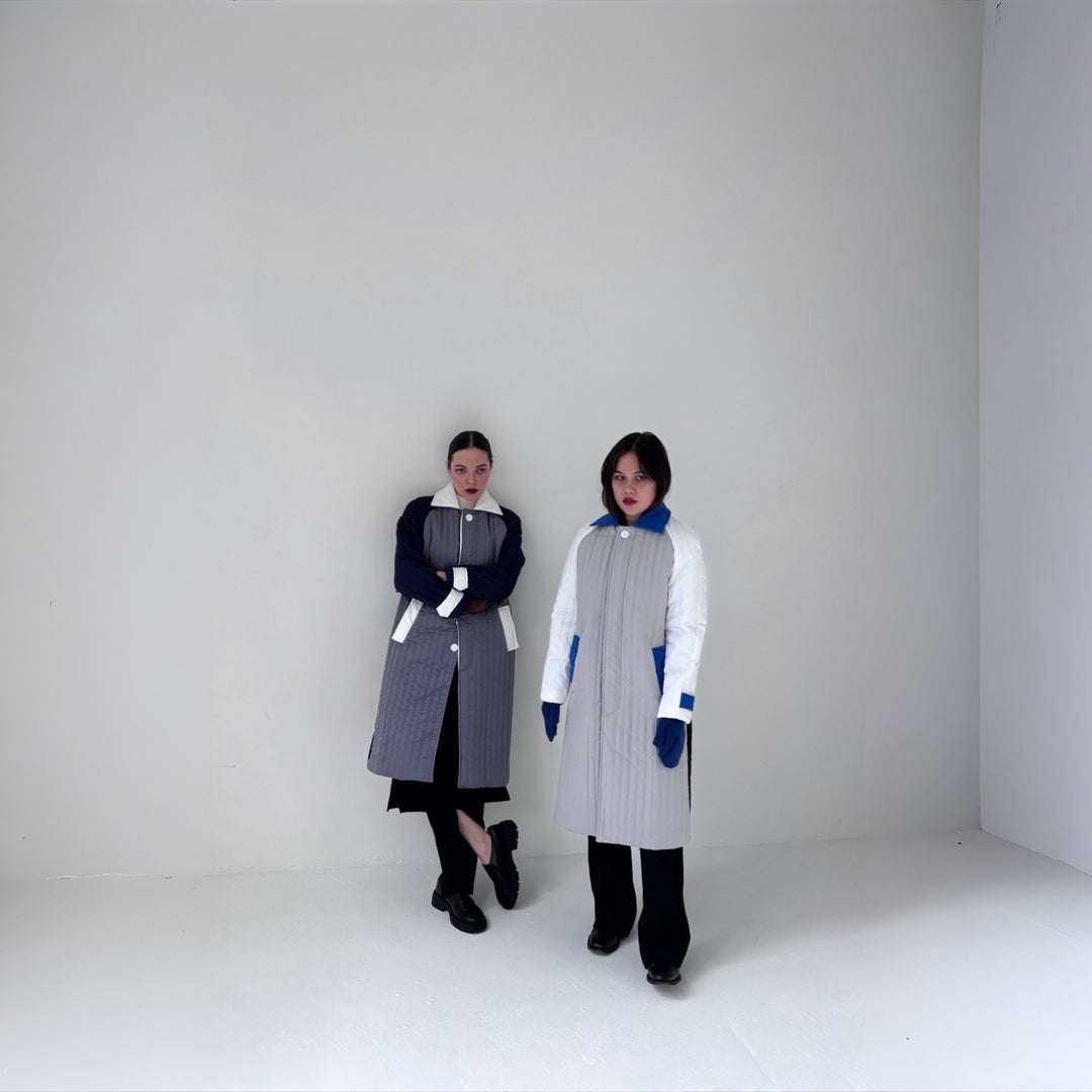 White Grey Blue Patchwork Colour Block Quilt Long Jacket