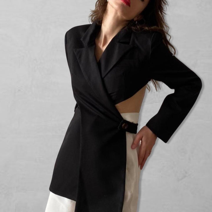 Reworked black blazer with wrap detail and cut out back