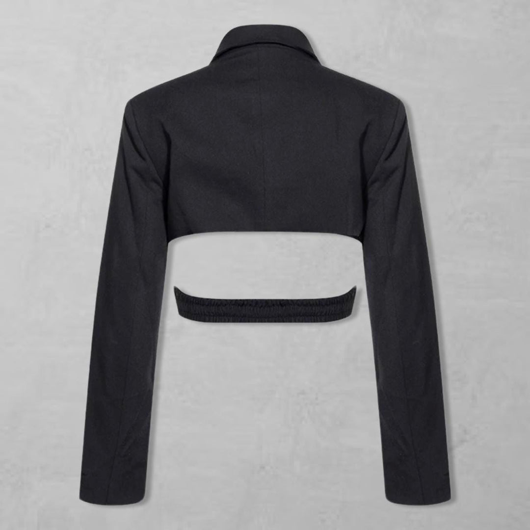 Reworked black blazer with wrap detail and cut out back
