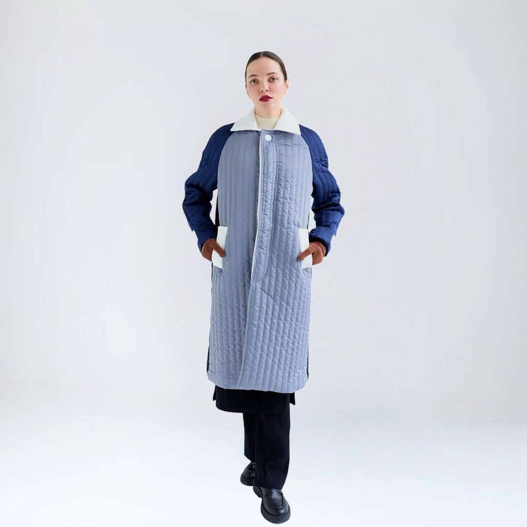 Grey Navy White Patchwork Colour Block Quilt Long Jacket