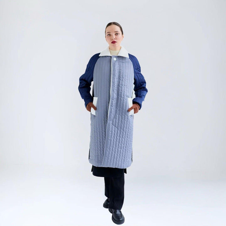 Grey Navy White Patchwork Colour Block Quilt Long Jacket