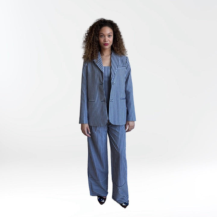 Blue White Striped Blazer Trousers Corset And Tote Bag Four Piece Set