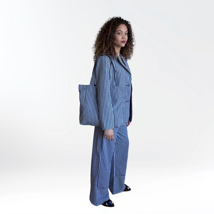 Blue White Striped Blazer Trousers Corset And Tote Bag Four Piece Set