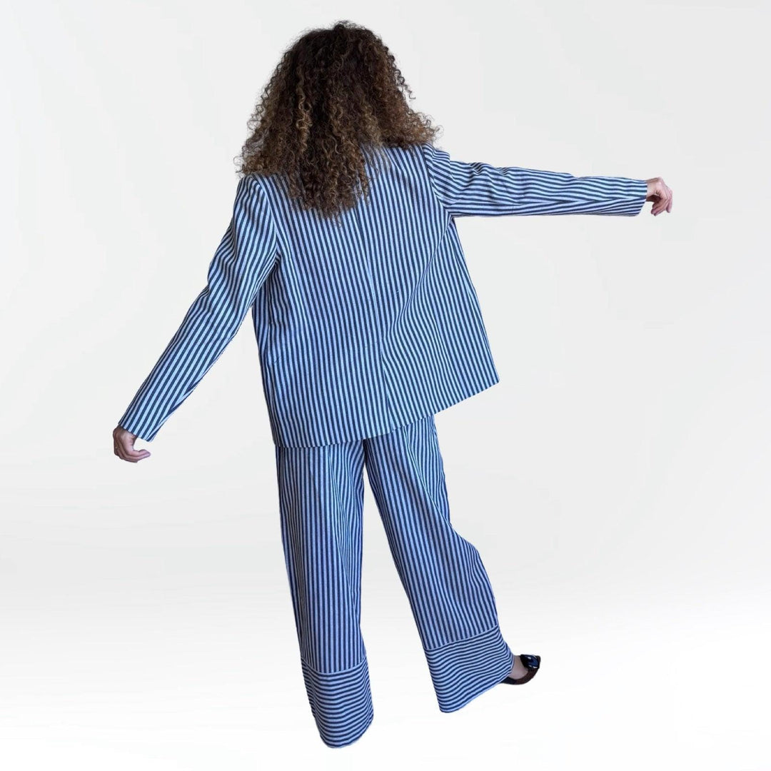 Blue White Striped Blazer Trousers Corset And Tote Bag Four Piece Set