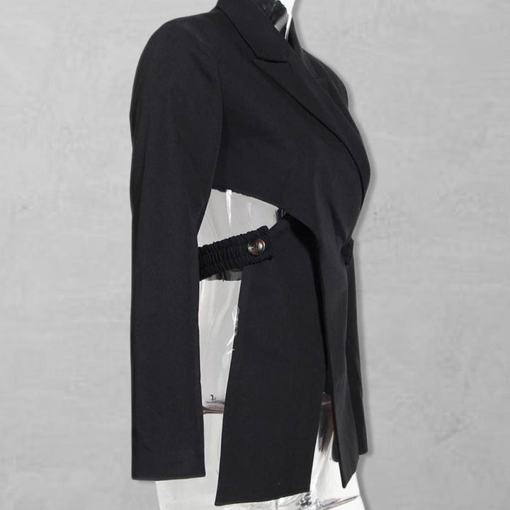 Reworked black blazer with wrap detail and cut out back