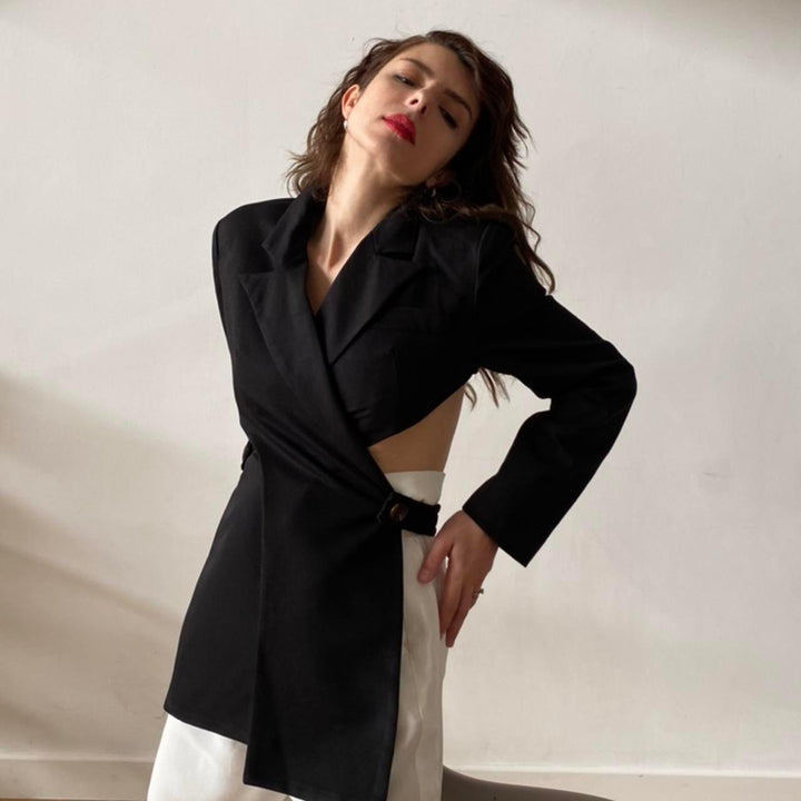 Reworked black blazer with wrap detail and cut out back