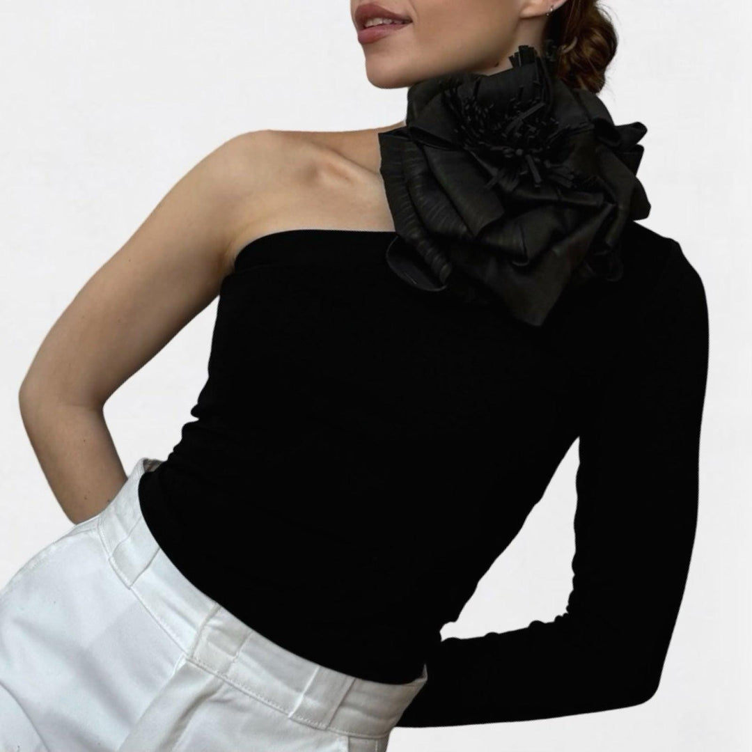 Black one sleeve top with black flower pin