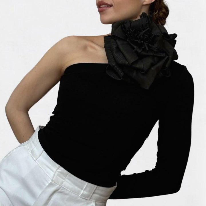 Black one sleeve top with black flower pin