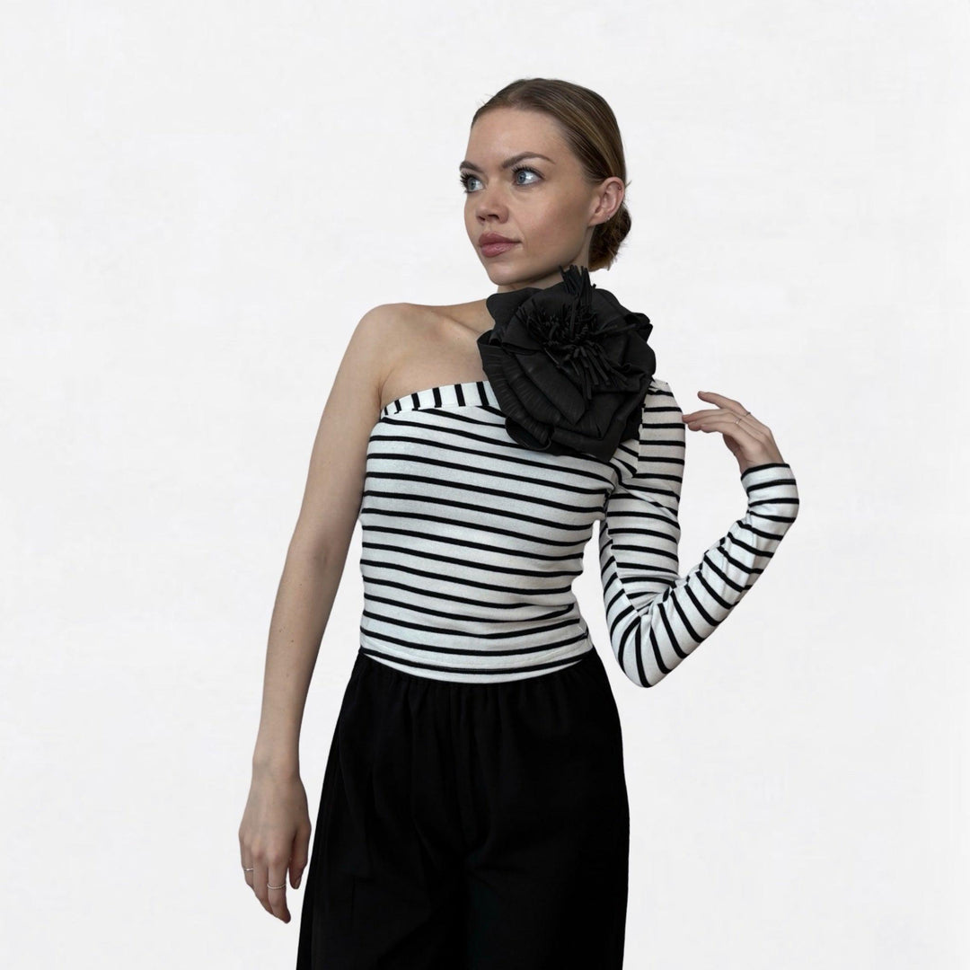 Striped one sleeve top with black flower pin