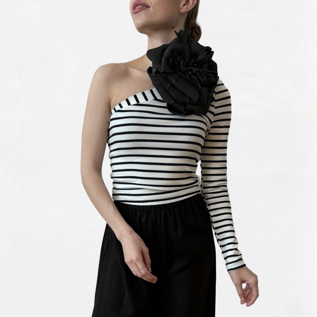 Striped one sleeve top with black flower pin