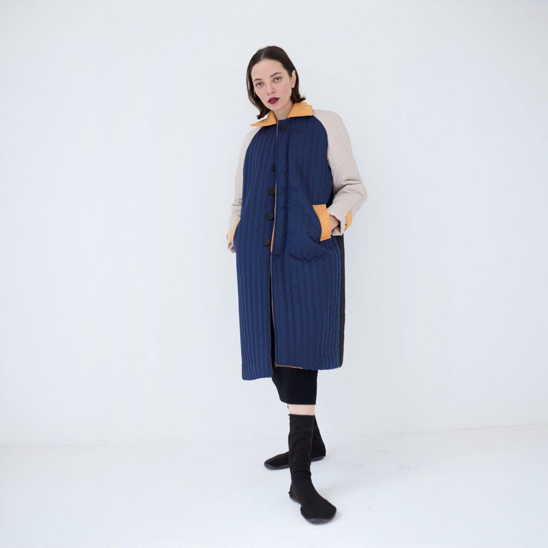 Navy Orange Patchwork Colour Block Quilt Long Jacket