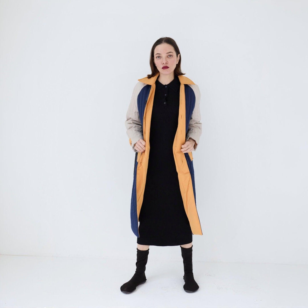 Navy Orange Patchwork Colour Block Quilt Long Jacket