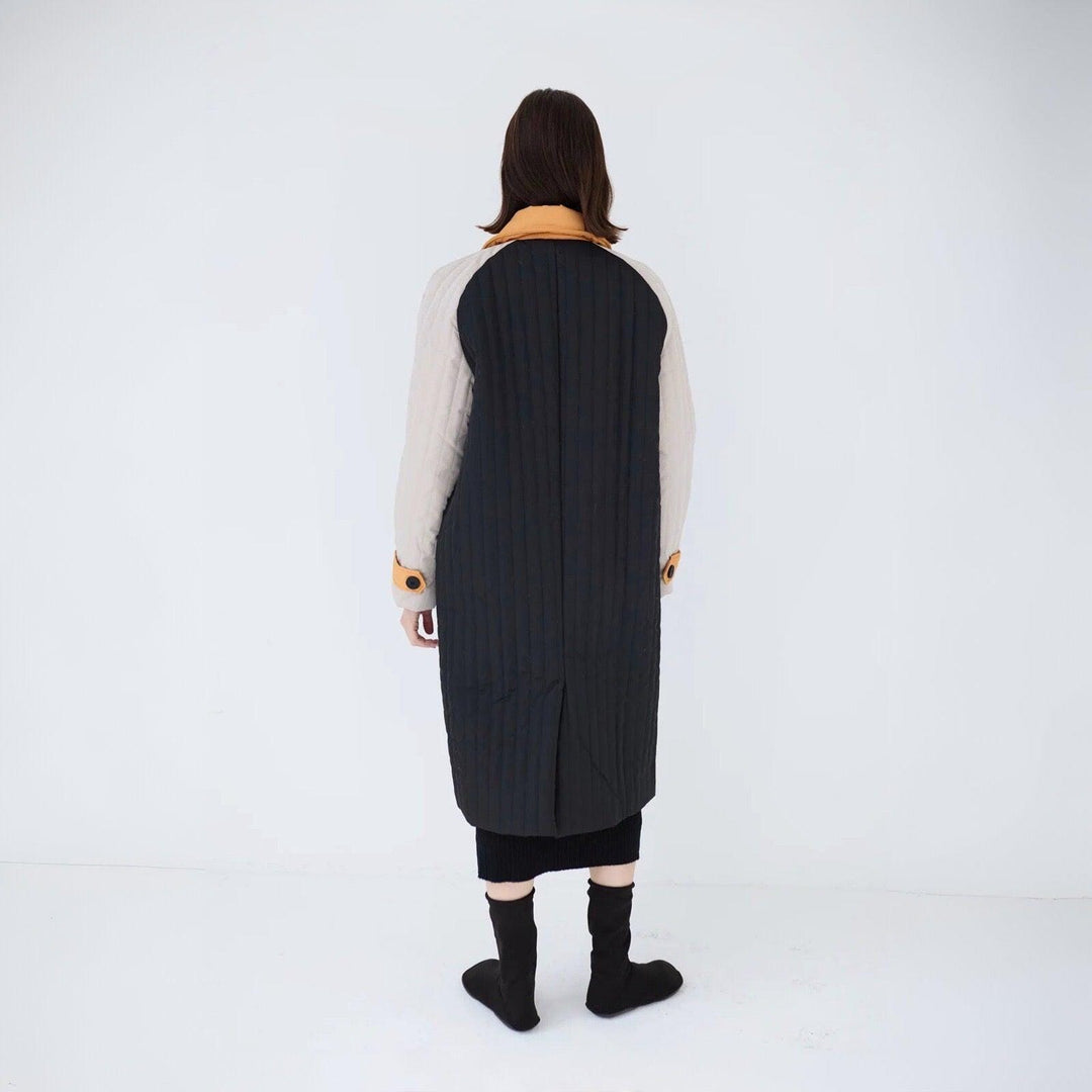 Navy Orange Patchwork Colour Block Quilt Long Jacket