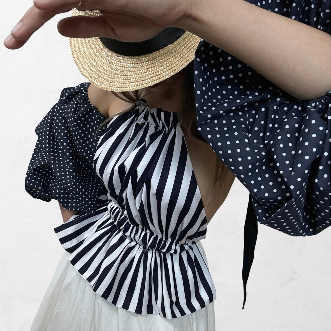 Navy white striped halter top with balloon sleeves