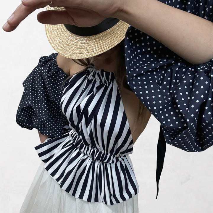 Navy white striped halter top with balloon sleeves