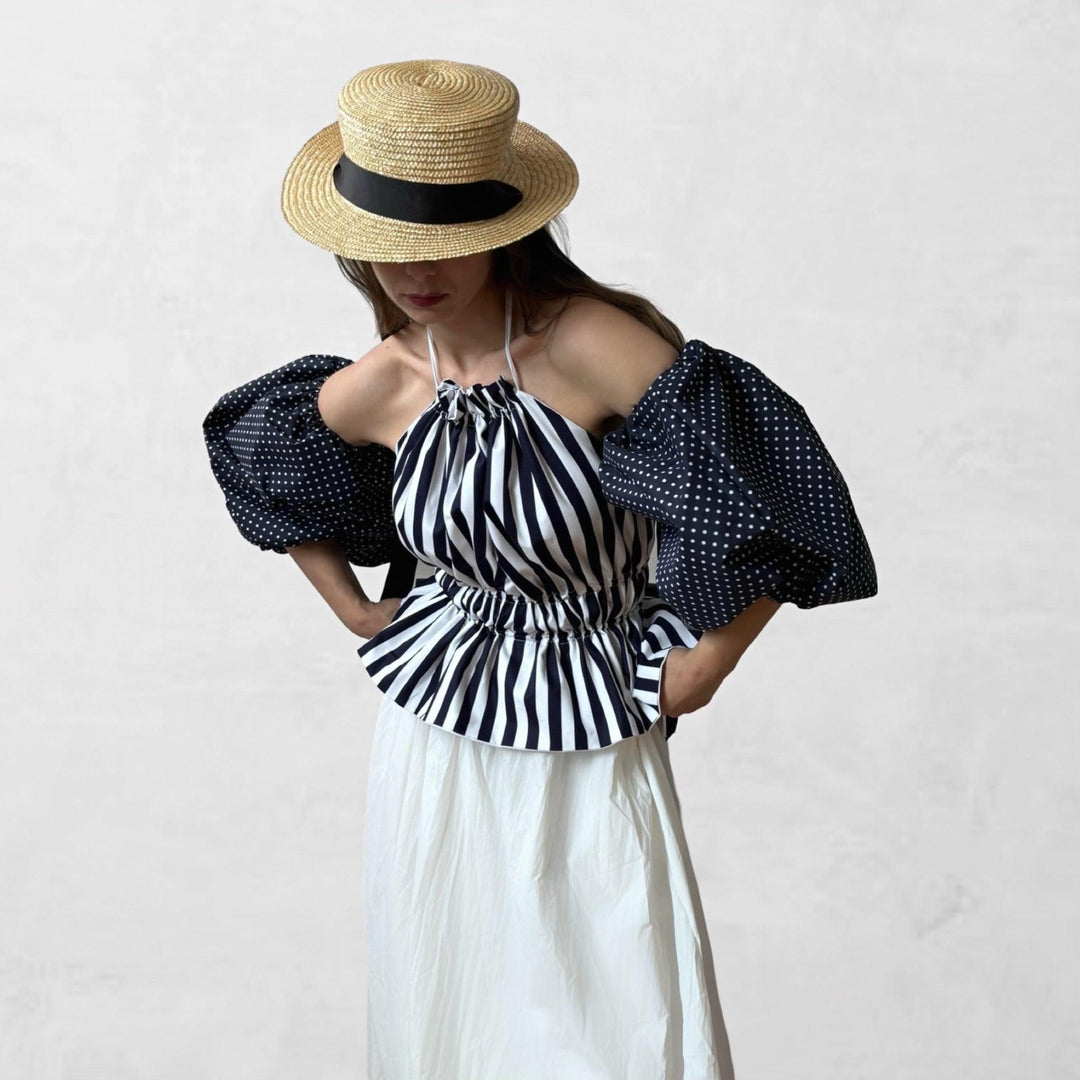 Navy white striped halter top with balloon sleeves