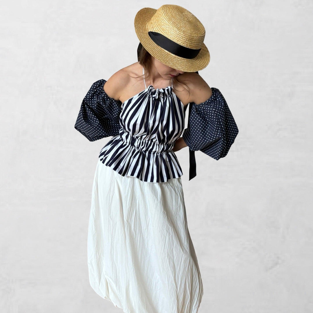 Navy white striped halter top with balloon sleeves