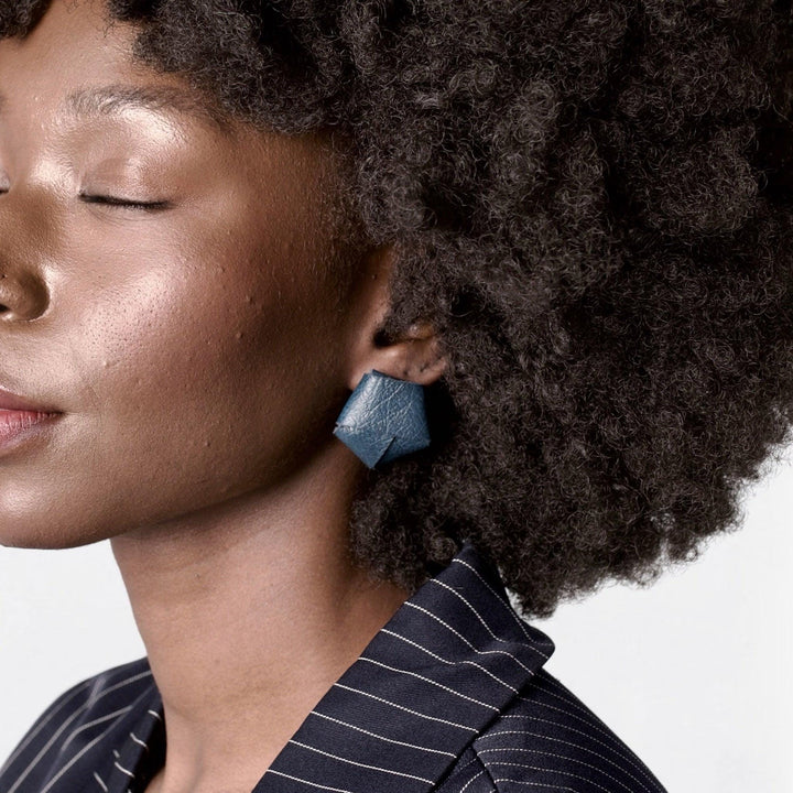 Origami navy nappa leather stud earrings