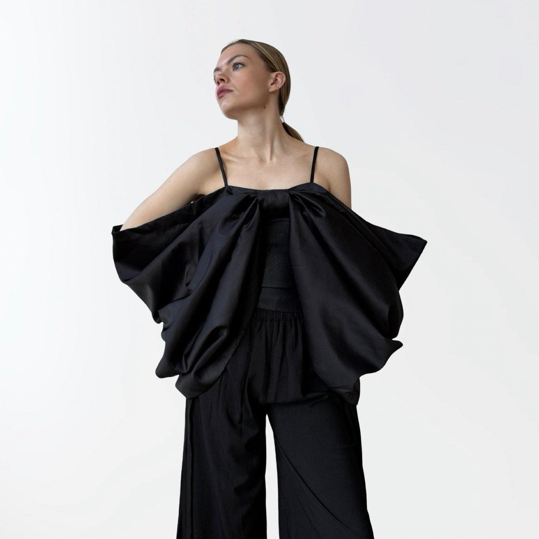 Black duchess satin bow top with straps