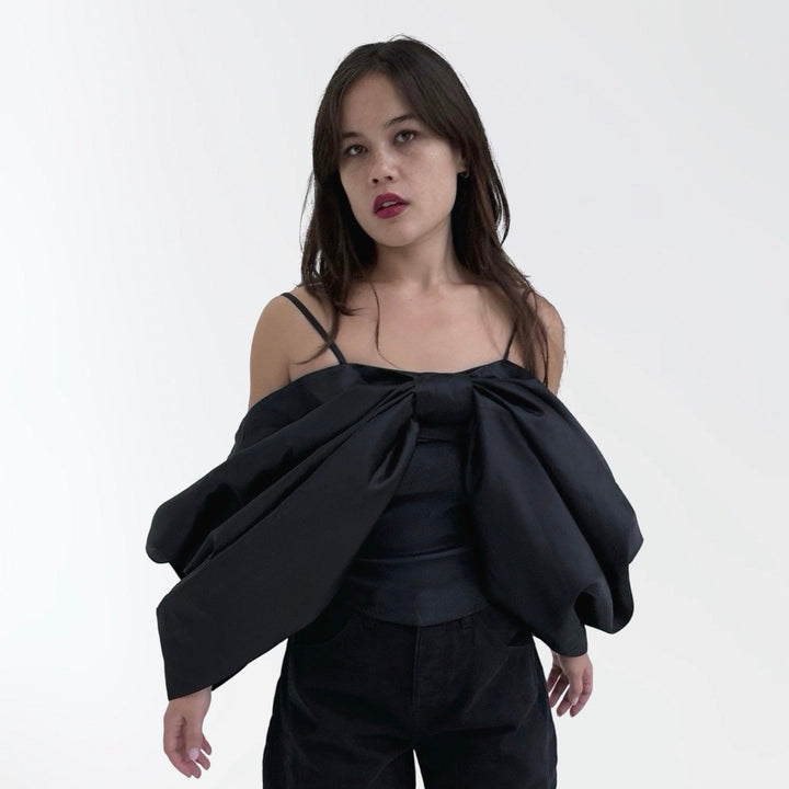 Black duchess satin bow top with straps