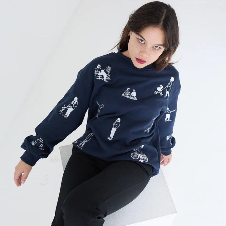 Navy heavyweight jumper with people embroidery