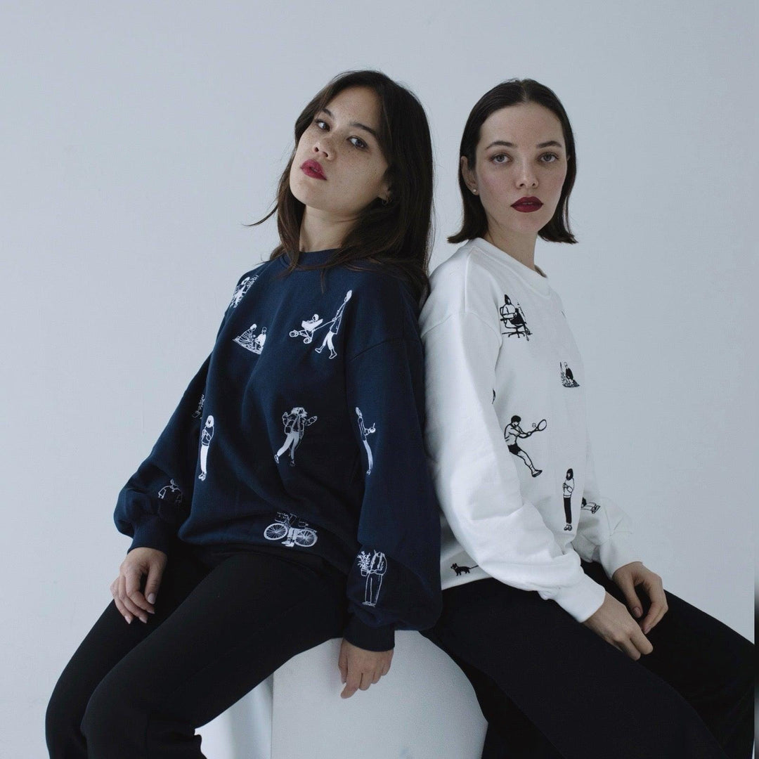 Navy heavyweight jumper with people embroidery