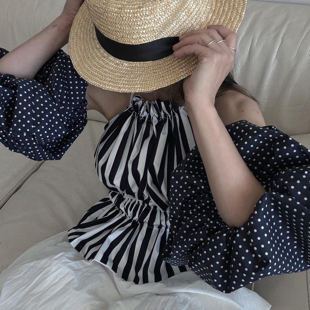 Navy white striped halter top with balloon sleeves