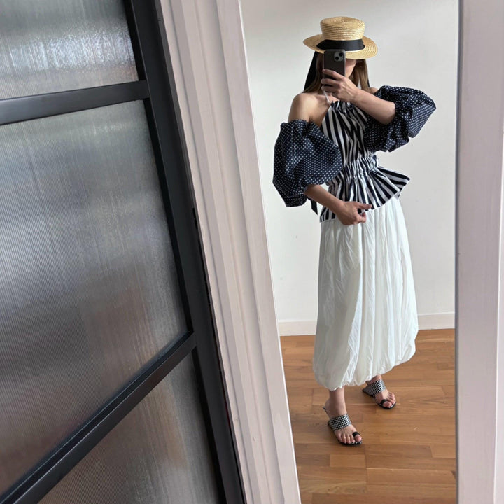 Navy white striped halter top with balloon sleeves