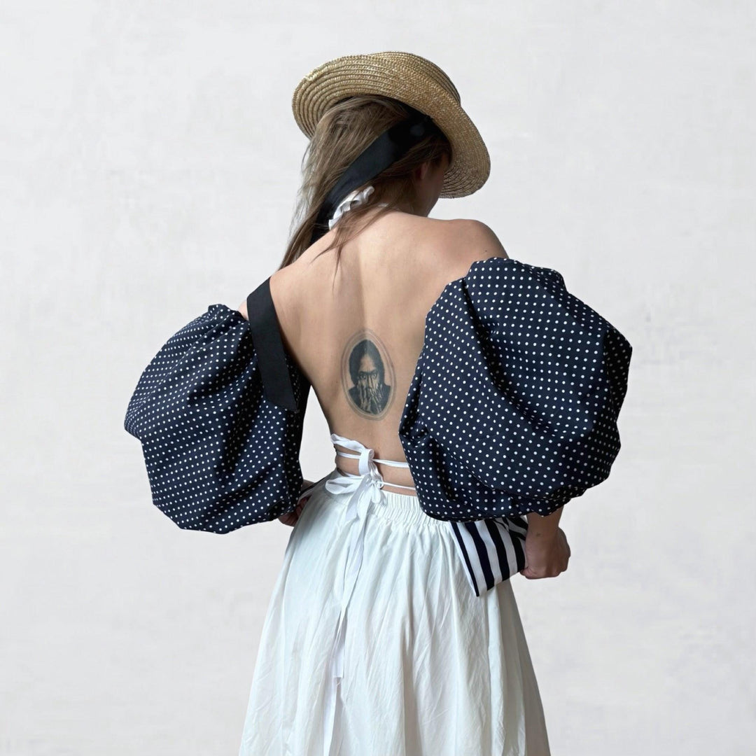 Navy white striped halter top with balloon sleeves