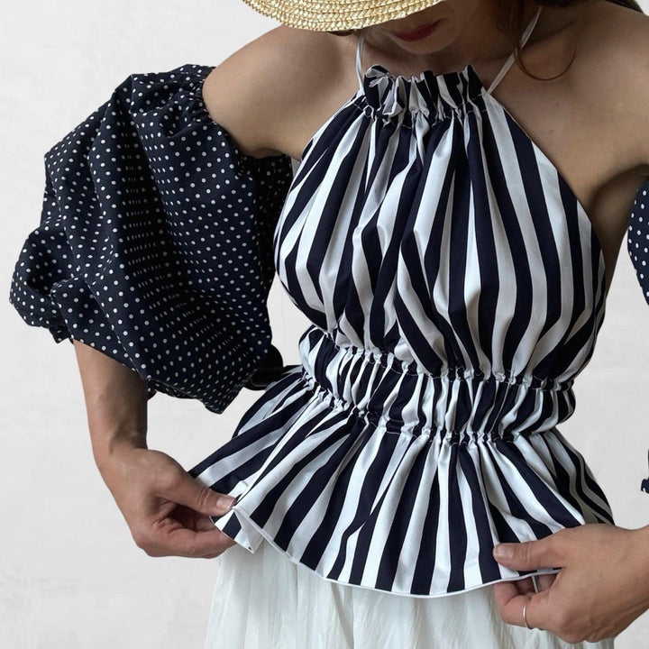 Navy white striped halter top with balloon sleeves