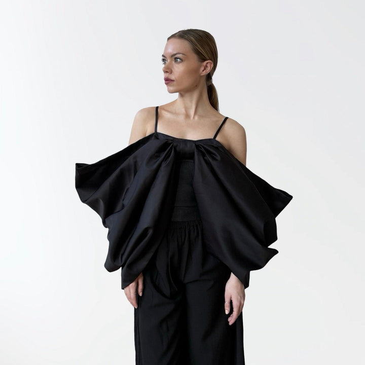 Black duchess satin bow top with straps