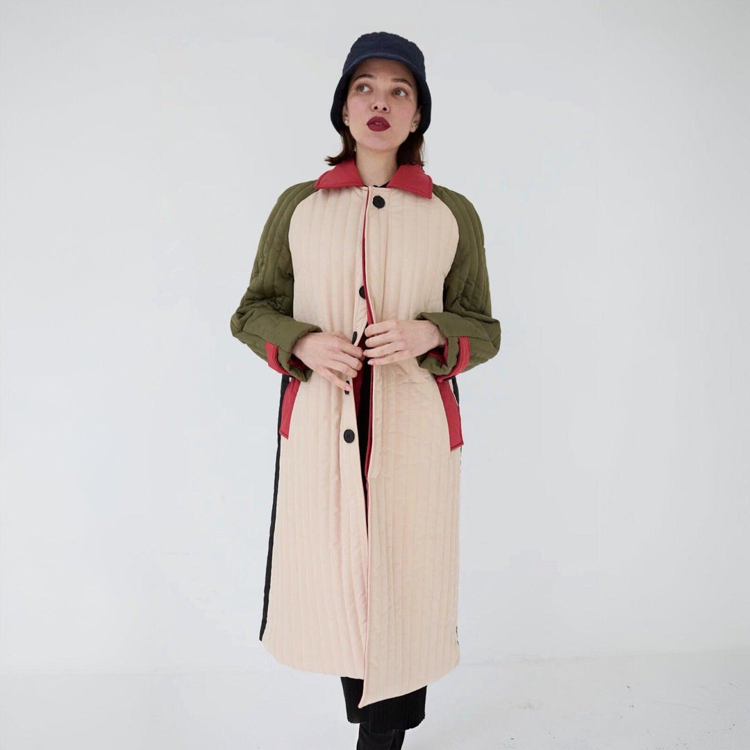 Beige Khaki Patchwork Color Block Quilt Long Jacket