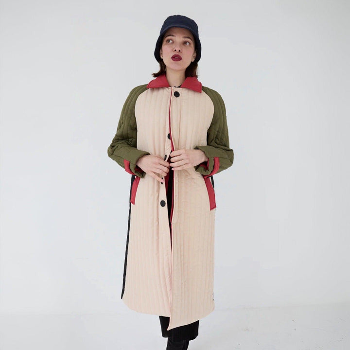 Beige Khaki Patchwork Color Block Quilt Long Jacket