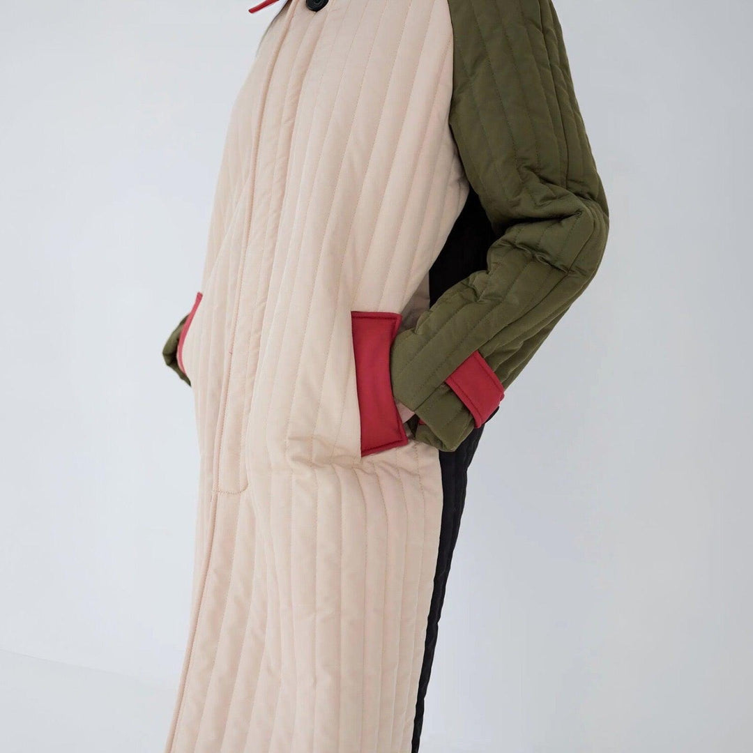 Beige Khaki Patchwork Color Block Quilt Long Jacket
