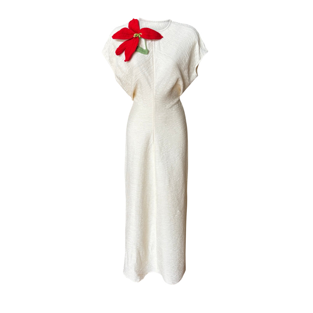 Beige Crinkled Long Dress With Crochet Flower
