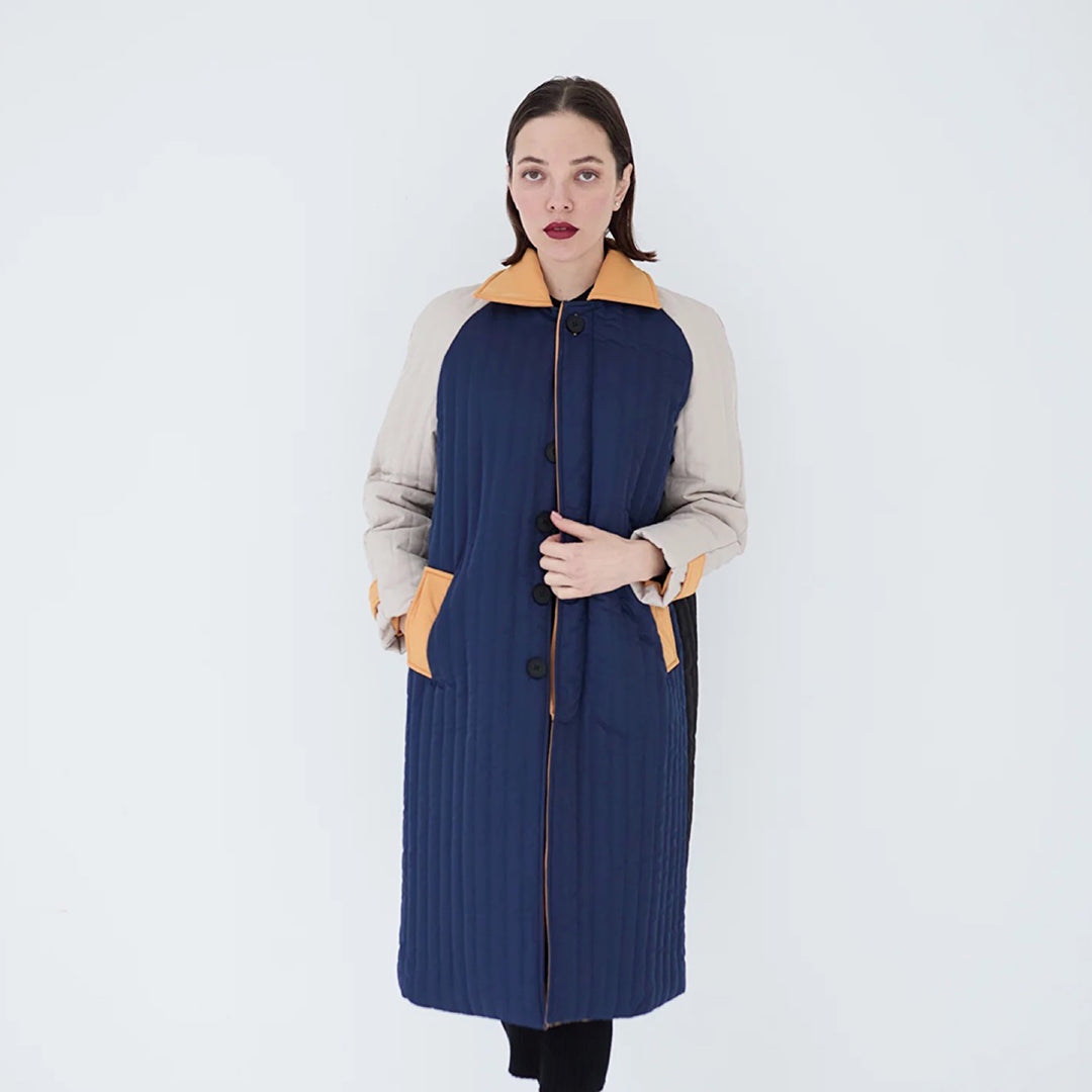 Navy Orange Patchwork Colour Block Quilt Long Jacket