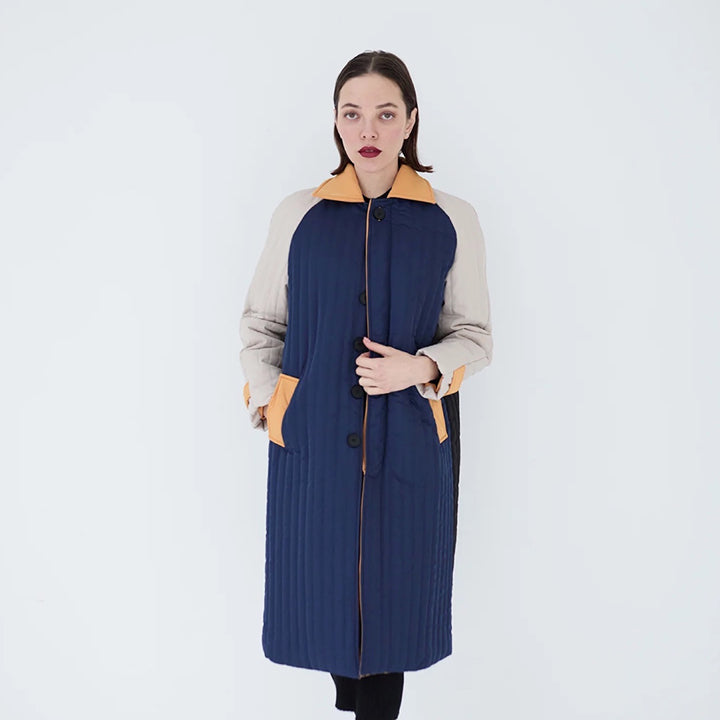 Navy Orange Patchwork Colour Block Quilt Long Jacket