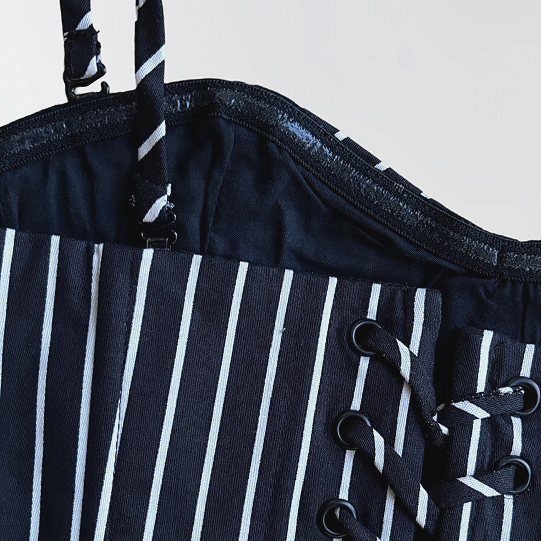 Black Pinstripes Sweetheart Corset With Long Gloves