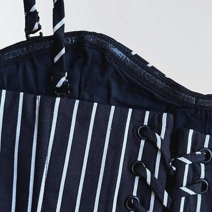 Black Pinstripes Sweetheart Corset With Long Gloves