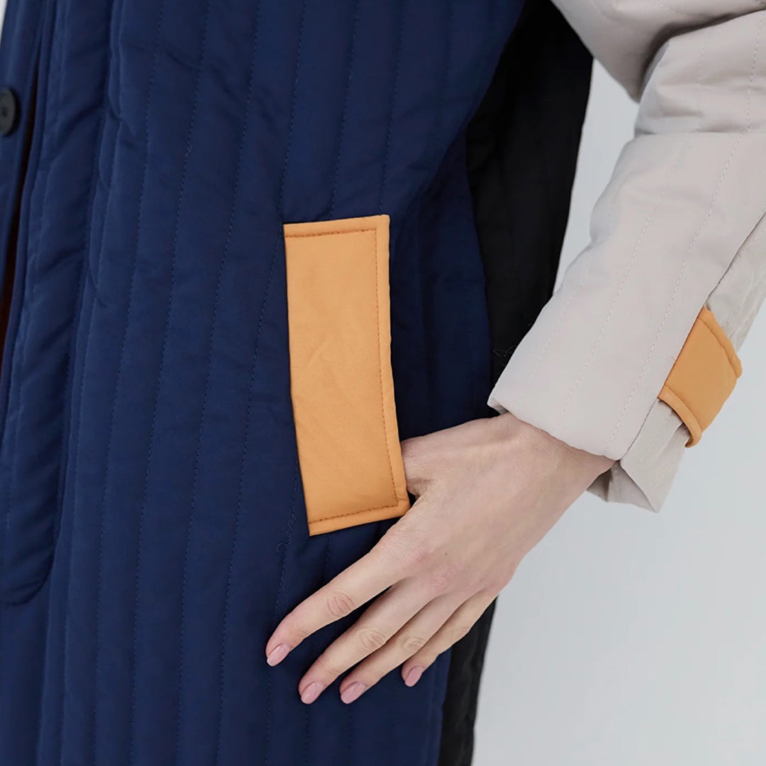 Navy Orange Patchwork Colour Block Quilt Long Jacket