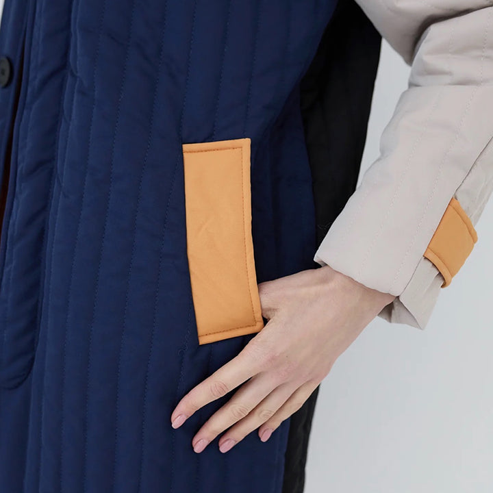 Navy Orange Patchwork Colour Block Quilt Long Jacket