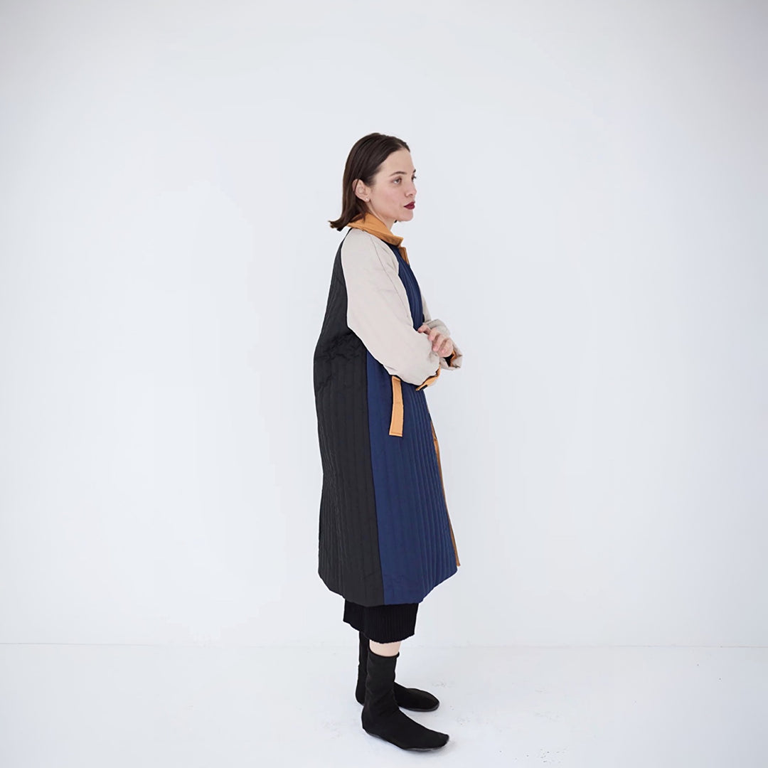 Navy Orange Patchwork Colour Block Quilt Long Jacket
