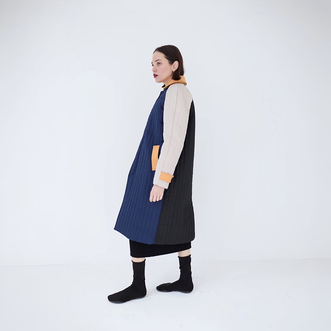 Navy Orange Patchwork Colour Block Quilt Long Jacket