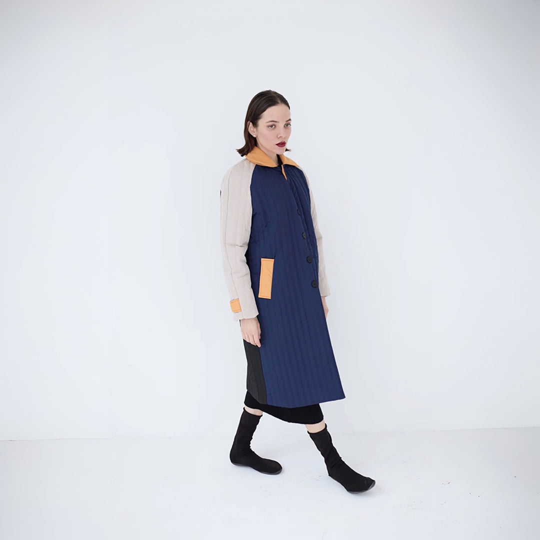Navy Orange Patchwork Colour Block Quilt Long Jacket