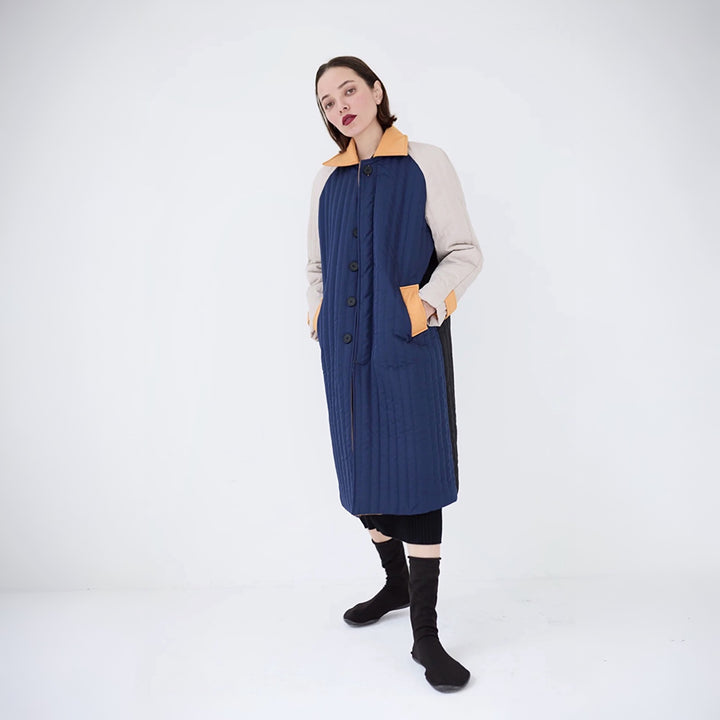 Navy Orange Patchwork Colour Block Quilt Long Jacket