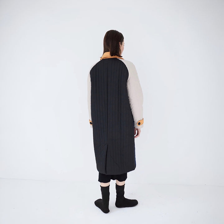 Navy Orange Patchwork Colour Block Quilt Long Jacket