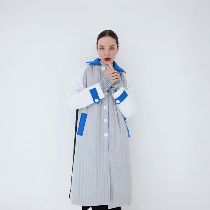 White Grey Blue Patchwork Colour Block Quilt Long Jacket