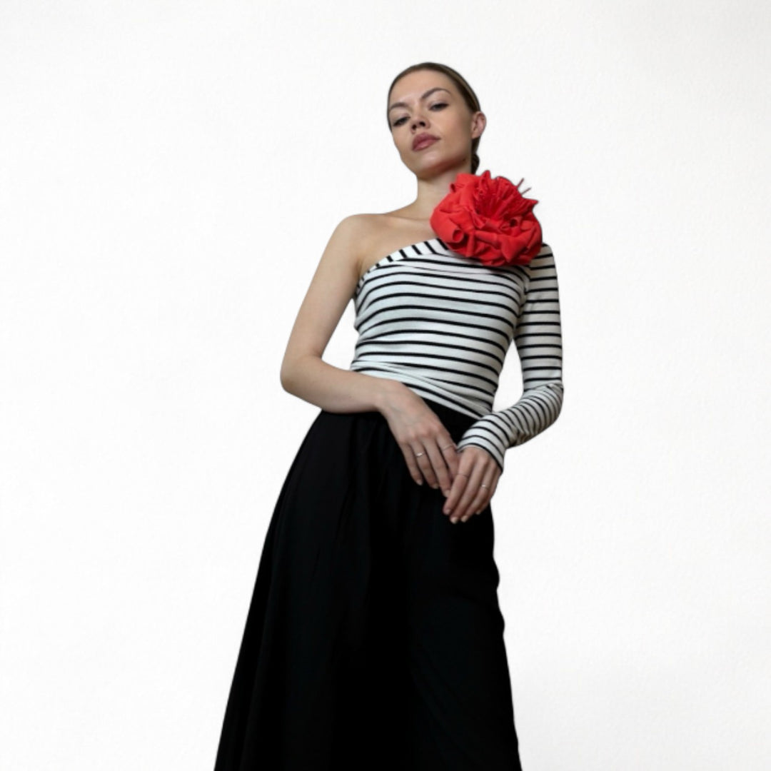 Striped One Sleeve Top With Red Flower Pin