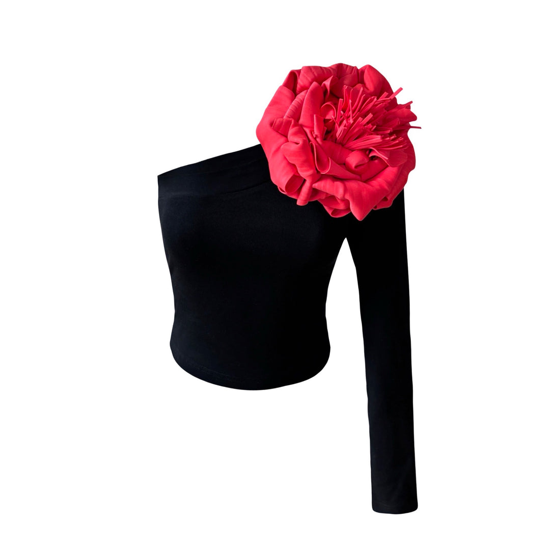 Black One Sleeve Top With Red Flower Pin