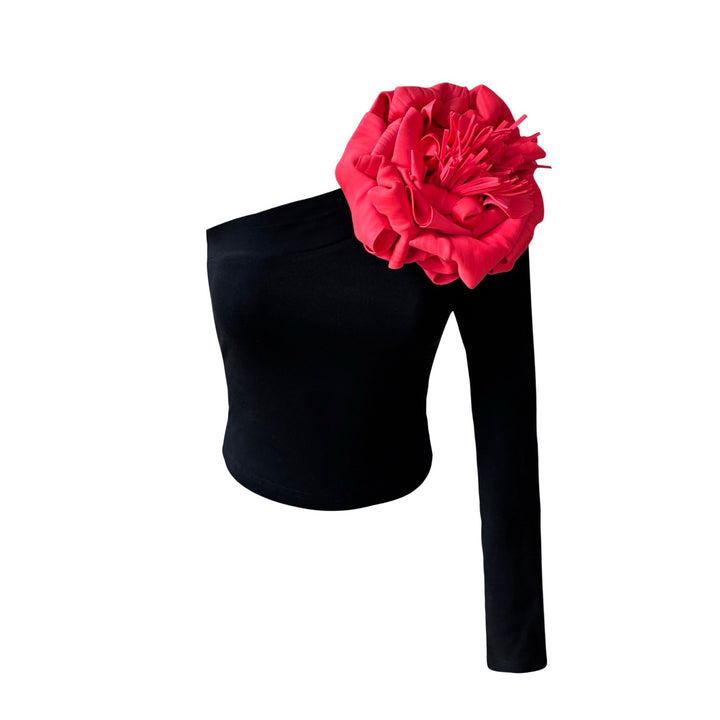 Black One Sleeve Top With Red Flower Pin
